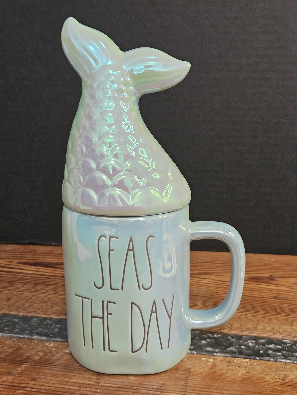 Rae Dunn Mermaid Tail Mug — Seafoam Iridescent "Seas The Day"